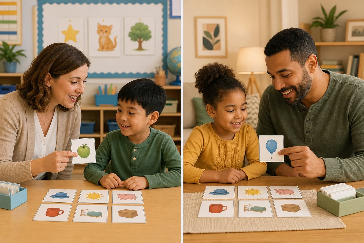 Teacher and parent using similar phonics activities to support reading growth in different settings.