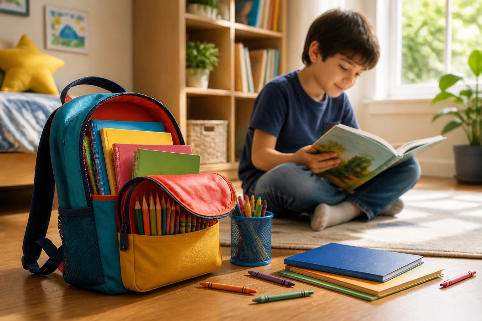 Backpack, school supplies, and a child reading at home before the start of a new school year.