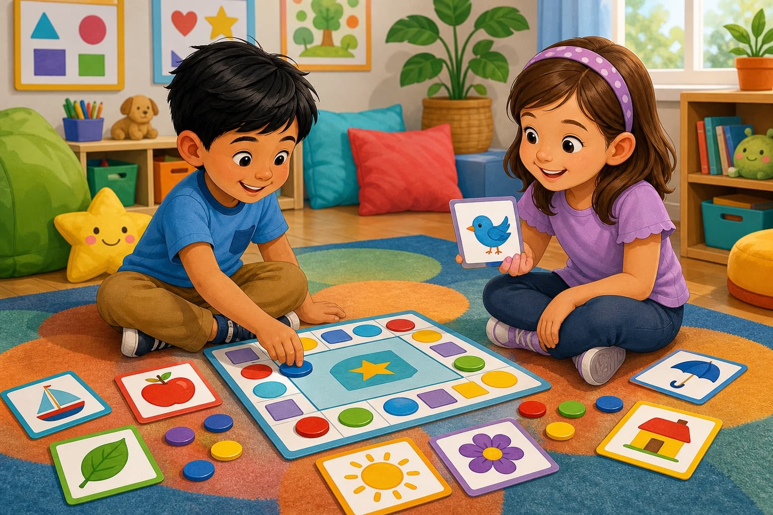 Two young children playing a phonics board game while practicing beginning reading skills.