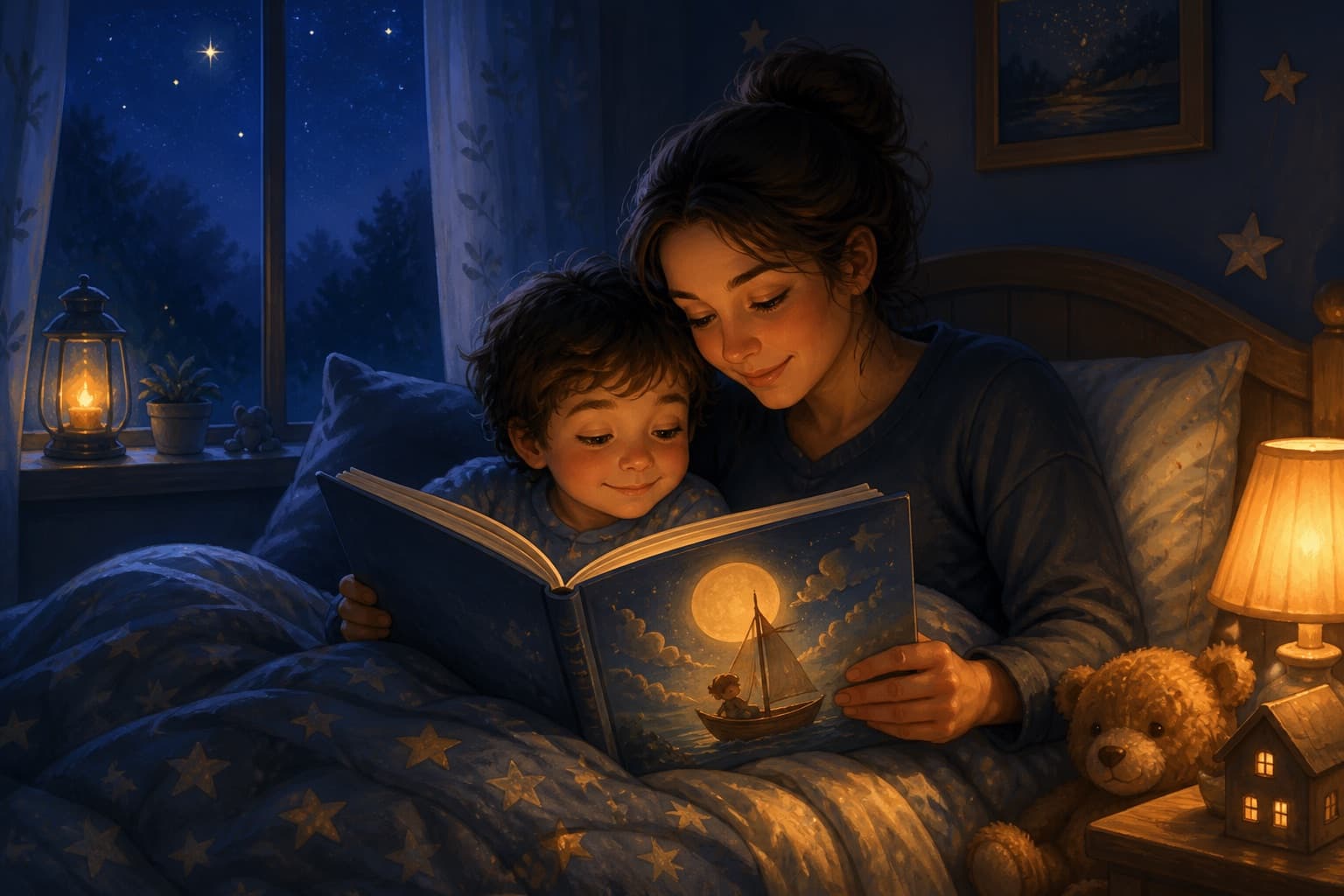Cozy bedtime reading routine with a parent and child sharing a favorite story before lights out.