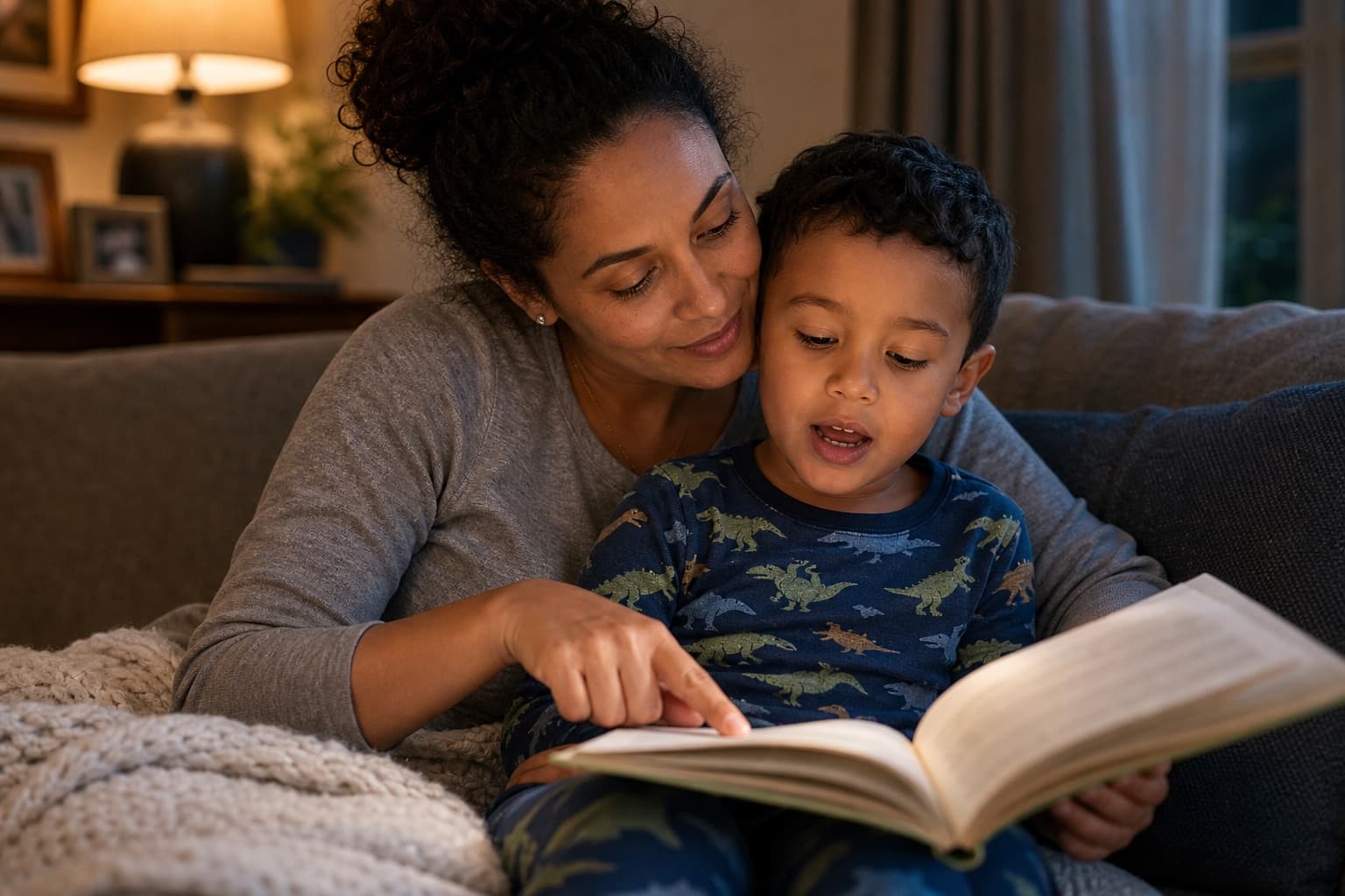 Mother guiding her child through a beginner reader by pointing to each word as they read aloud.