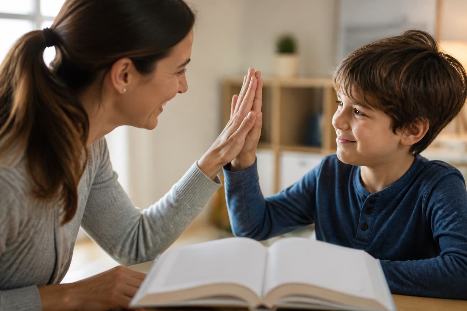 Caring adult encouraging a child after successfully reading a challenging sentence for the first time.