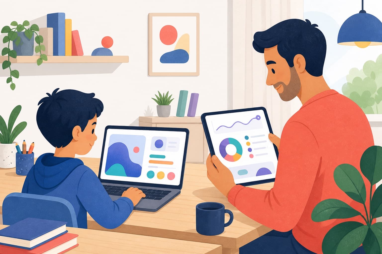 Child using the Literacy Leap platform while a parent follows personalized reading progress beside them.