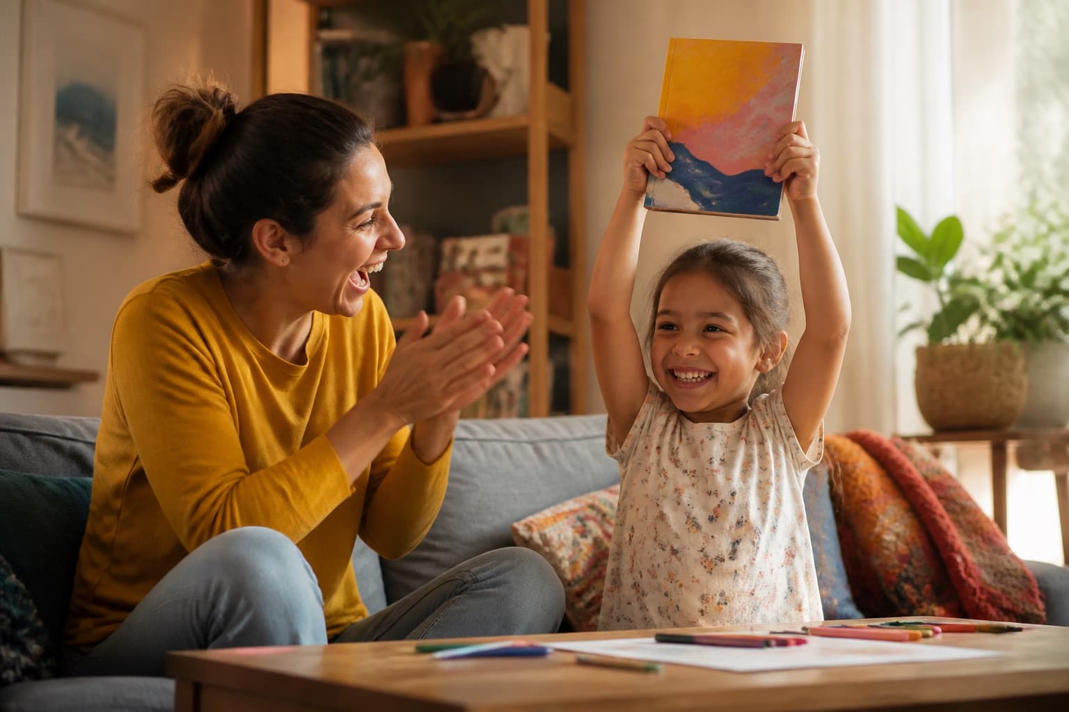 Parent cheering as a child finishes reading a book independently with a proud smile.