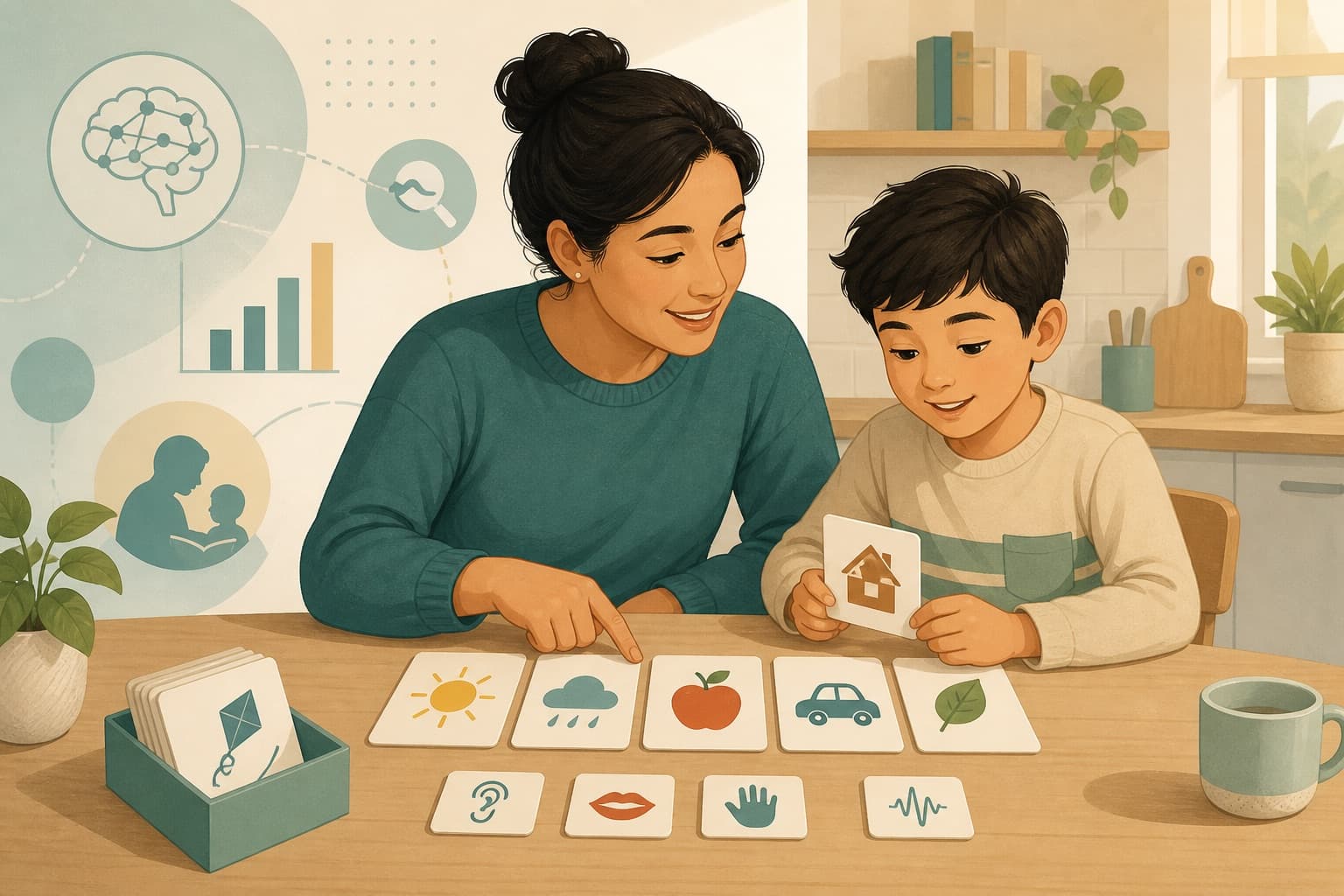 Parent learning evidence-based reading strategies while practicing phonics with their child at home.