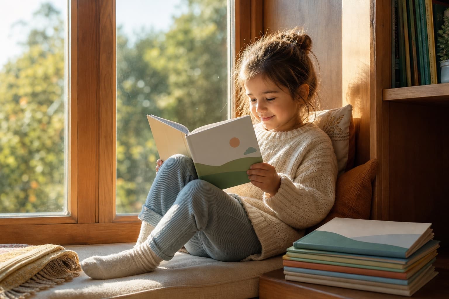 Young student reading a decodable storybook matched to recently learned phonics patterns.