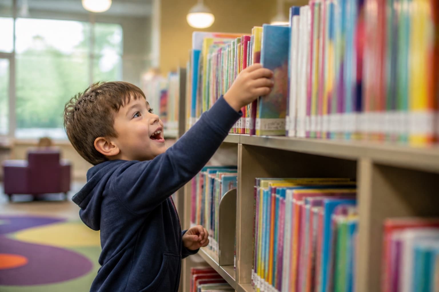 Child excitedly picking a new library book from a colorful bookshelf filled with beginner readers.