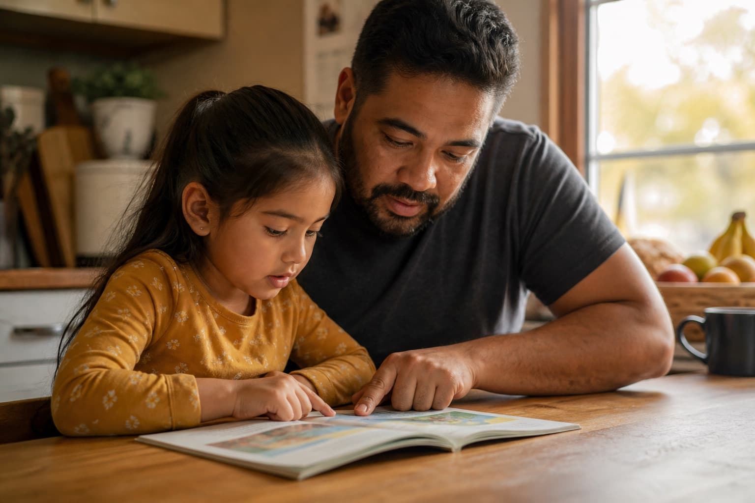 Father and daughter sounding out simple words together during an afternoon reading session at the kitchen table.