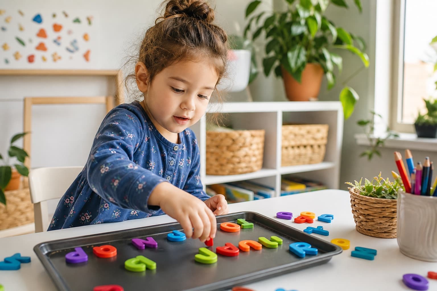 Child arranging magnetic letters to build words while learning letter sounds and spelling patterns.