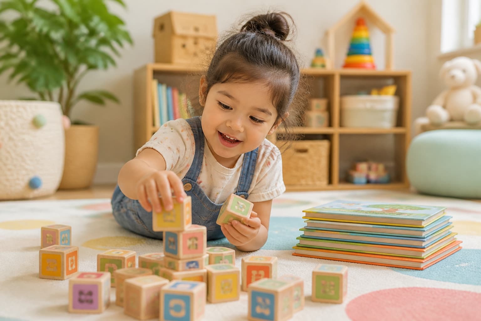 Preschooler exploring alphabet blocks, picture books, and letter sounds during playtime.