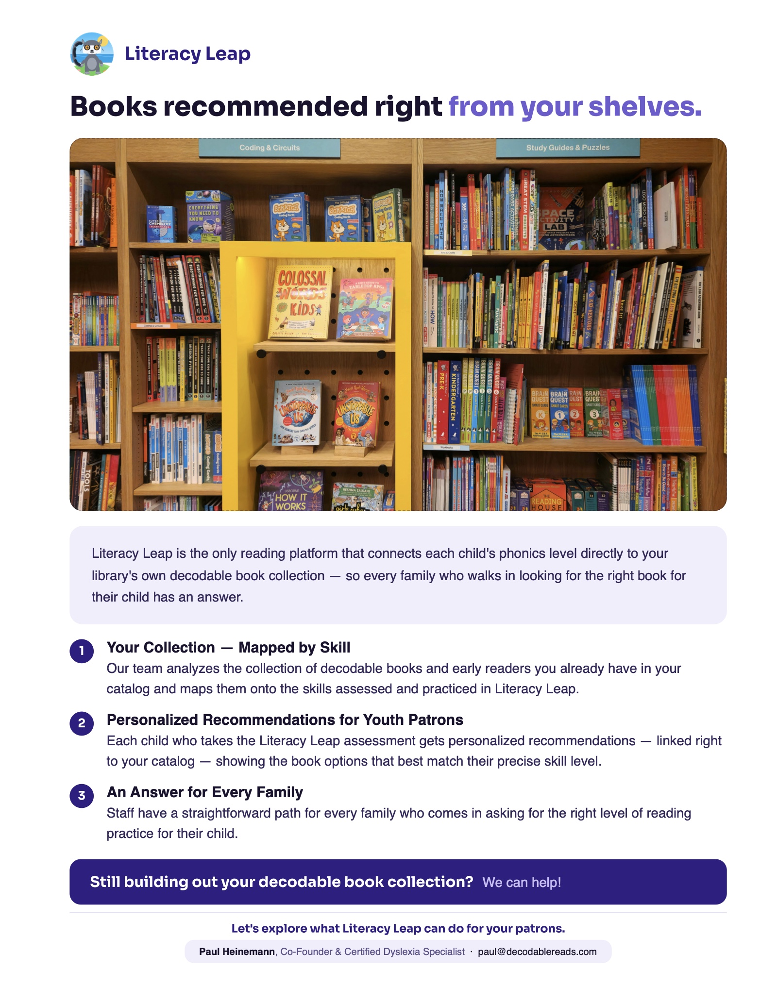 Literacy Leap program guide page 4: catalog matching that recommends books from the library’s own shelves.