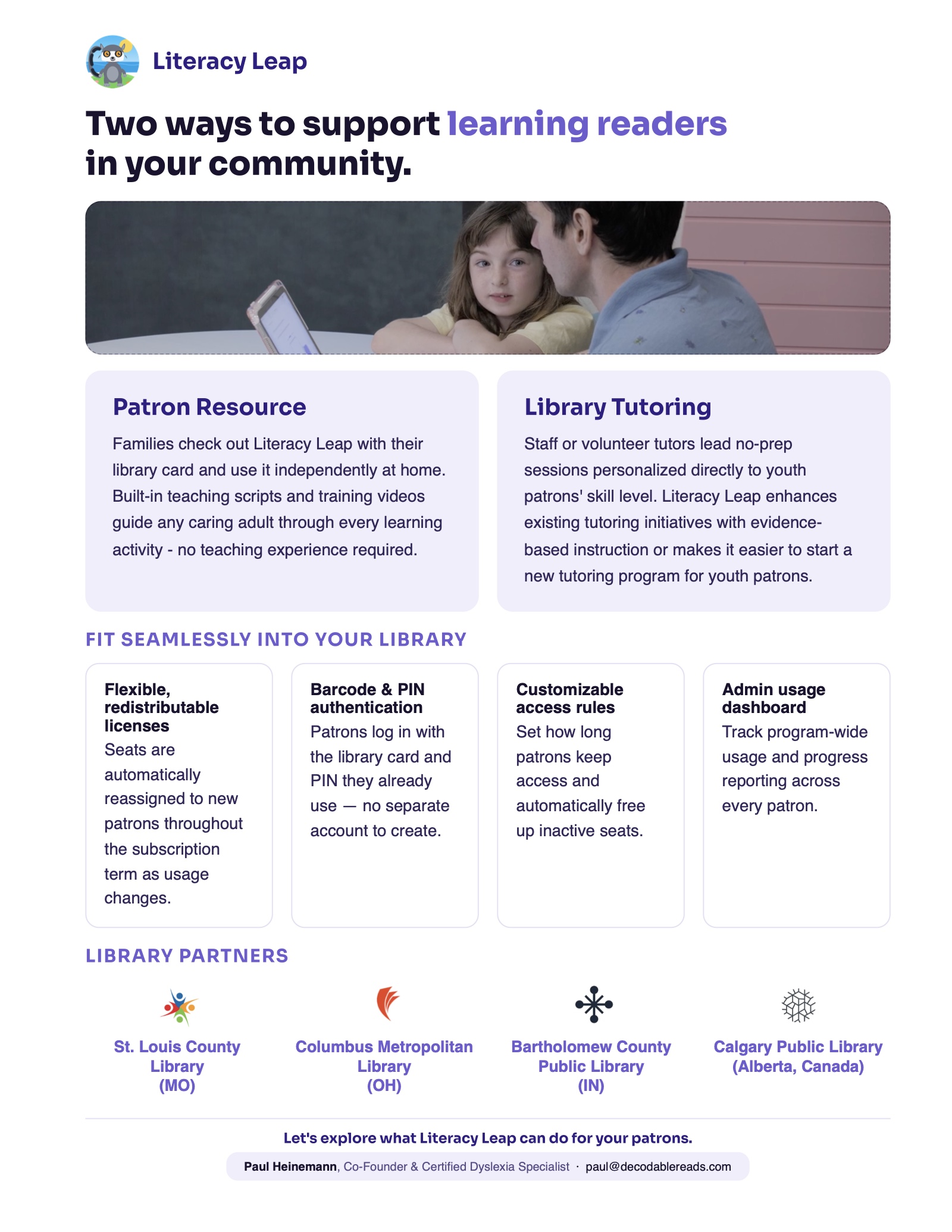 Literacy Leap program guide page 5: patron resource and library tutoring options, plus library partners.
